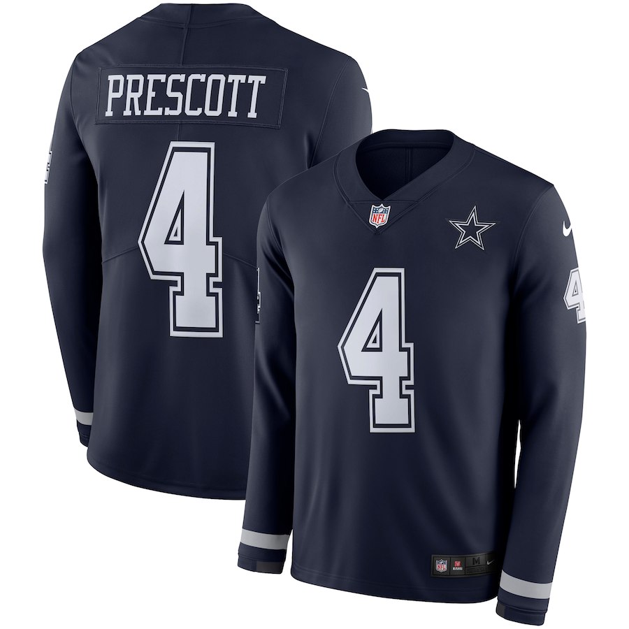 Men Dallas Cowboys #4 Prescott blue Limited NFL Nike Therma Long Sleeve Jersey->dallas cowboys->NFL Jersey